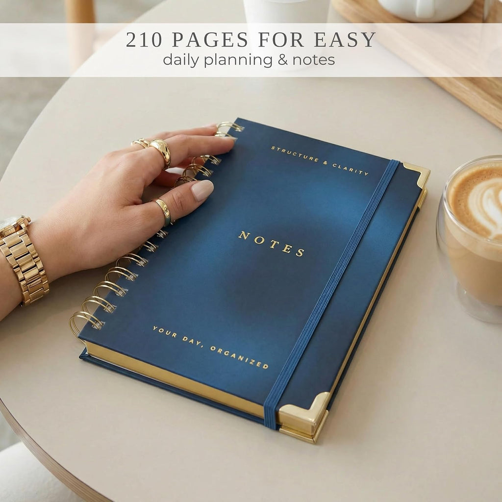 Daily Planner and Notebook with Hourly Schedule, Undated, Spiral Bound, 210 Pages, 8.4x6.1 Inches, Blue Hardcover