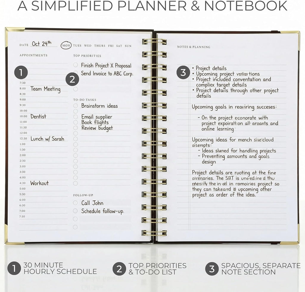 Daily Planner and Notebook with Hourly Schedule, Undated, Spiral Bound, 210 Pages, 8.4x6.1 Inches, Blue Hardcover