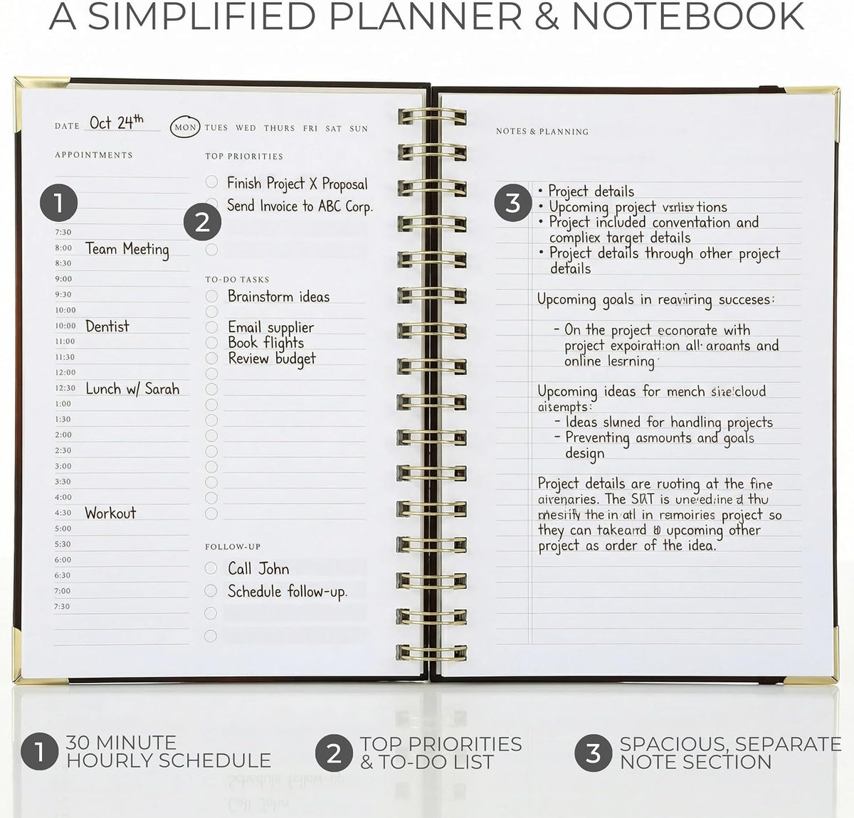 Daily Planner and Notebook with Hourly Schedule, Undated, Spiral Bound, 210 Pages, 8.4x6.1 Inches, Blue Hardcover