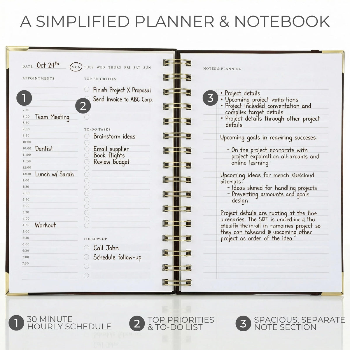 Daily Planner and Notebook with Hourly Schedule, Undated, Spiral Bound, 210 Pages, 8.4x6.1 Inches, Blue Hardcover