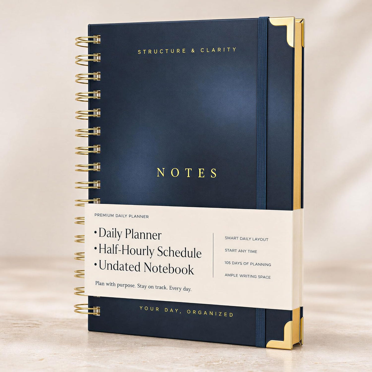 Daily Planner and Notebook with Hourly Schedule, Undated, Spiral Bound, 210 Pages, 8.4x6.1 Inches, Blue Hardcover