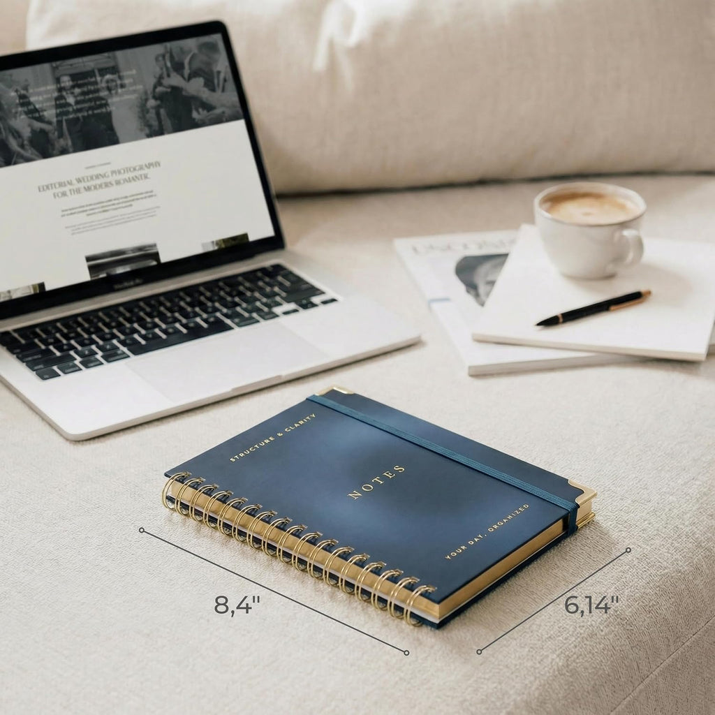 Daily Planner and Notebook with Hourly Schedule, Undated, Spiral Bound, 210 Pages, 8.4x6.1 Inches, Blue Hardcover
