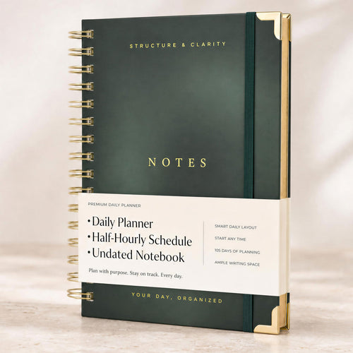 Daily Planner and Notebook with Hourly Schedule, Undated, Spiral Bound, 210 Pages, 8.4x6.1 Inches, Blue Hardcover