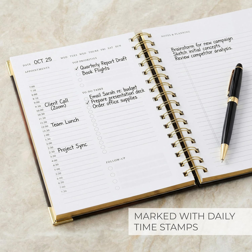 Daily Planner and Notebook with Hourly Schedule, Undated, Spiral Bound, 210 Pages, 8.4x6.1 Inches, Blue Hardcover