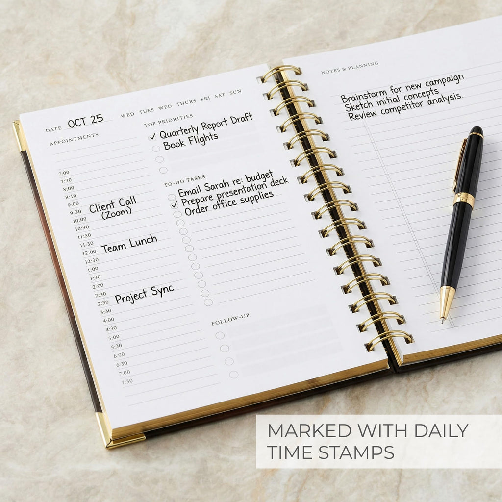 Daily Planner and Notebook with Hourly Schedule, Undated, Spiral Bound, 210 Pages, 8.4x6.1 Inches, Blue Hardcover